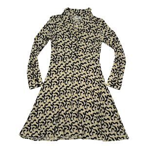 Milly Silk Jersey Shirt Dress Retro Geo Print Long Sleeve Fit Flare A-Line Y2K M